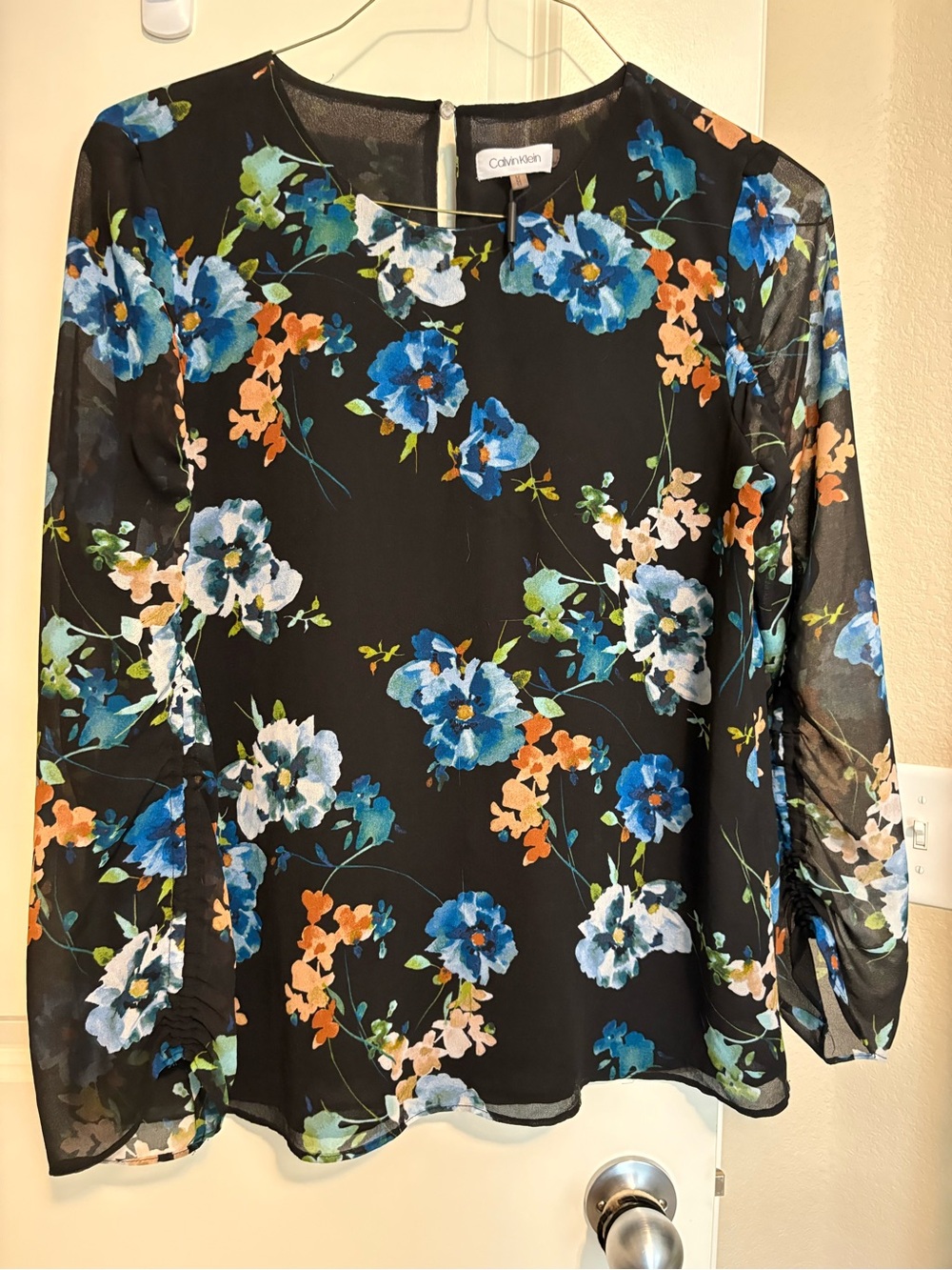 Calvin Klein Black Sheer Floral Long Sleeve Blouse
